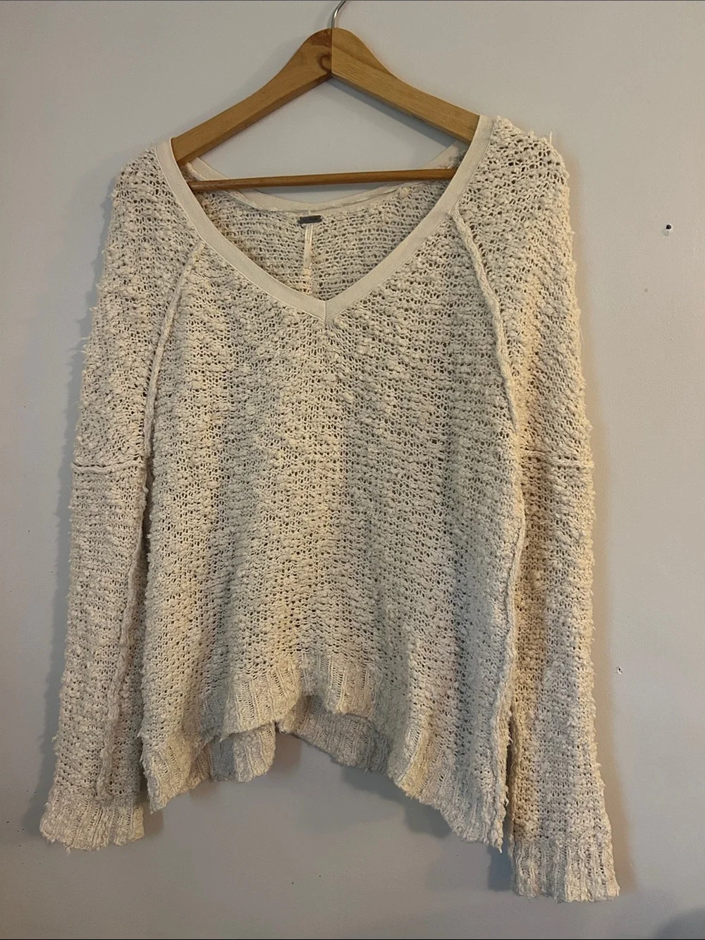 Free People Textured V-Neck Sweater in Cream